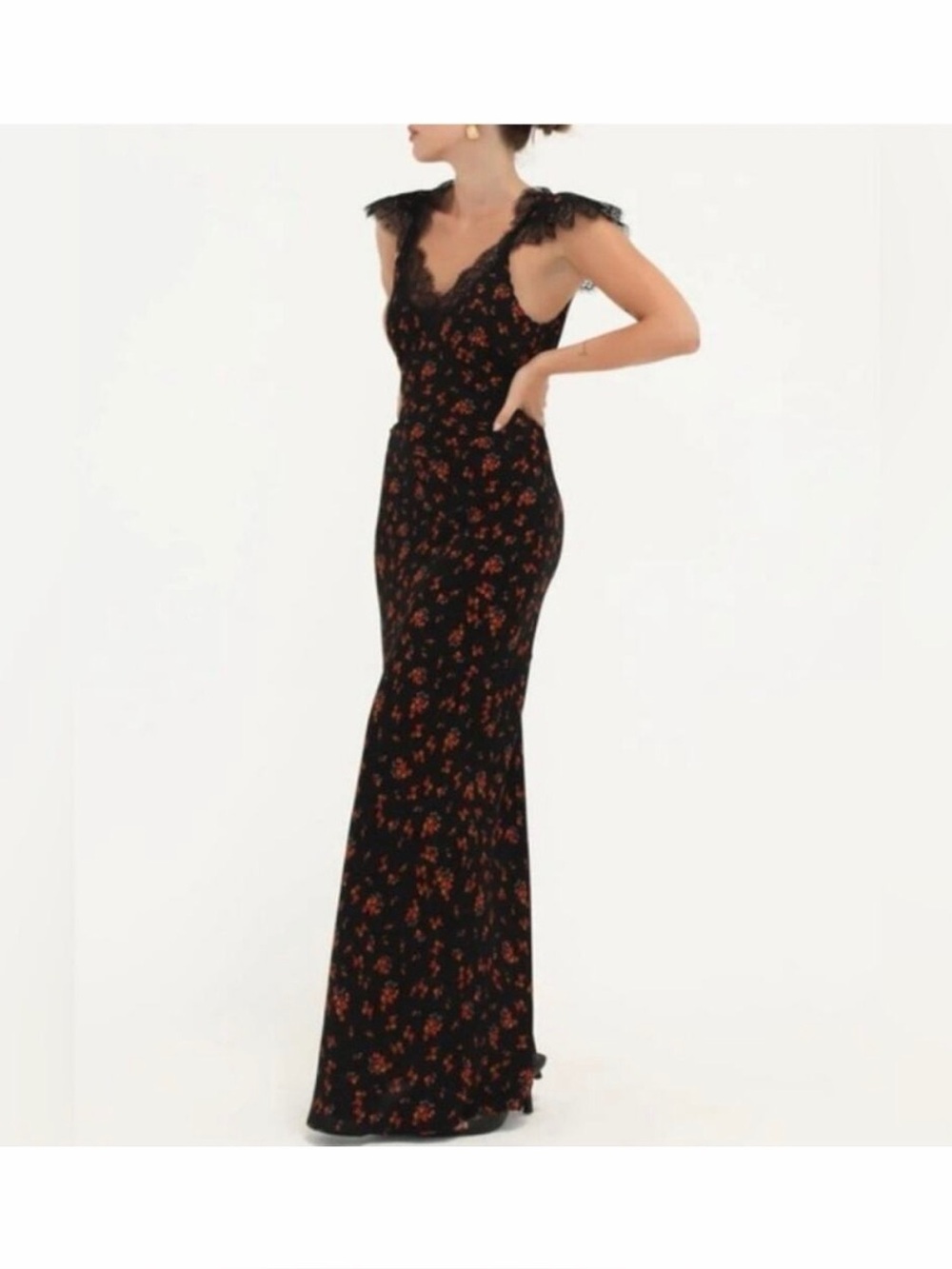 Rumored Black Maxi Dress with Red Floral Print and Lace Shoulders